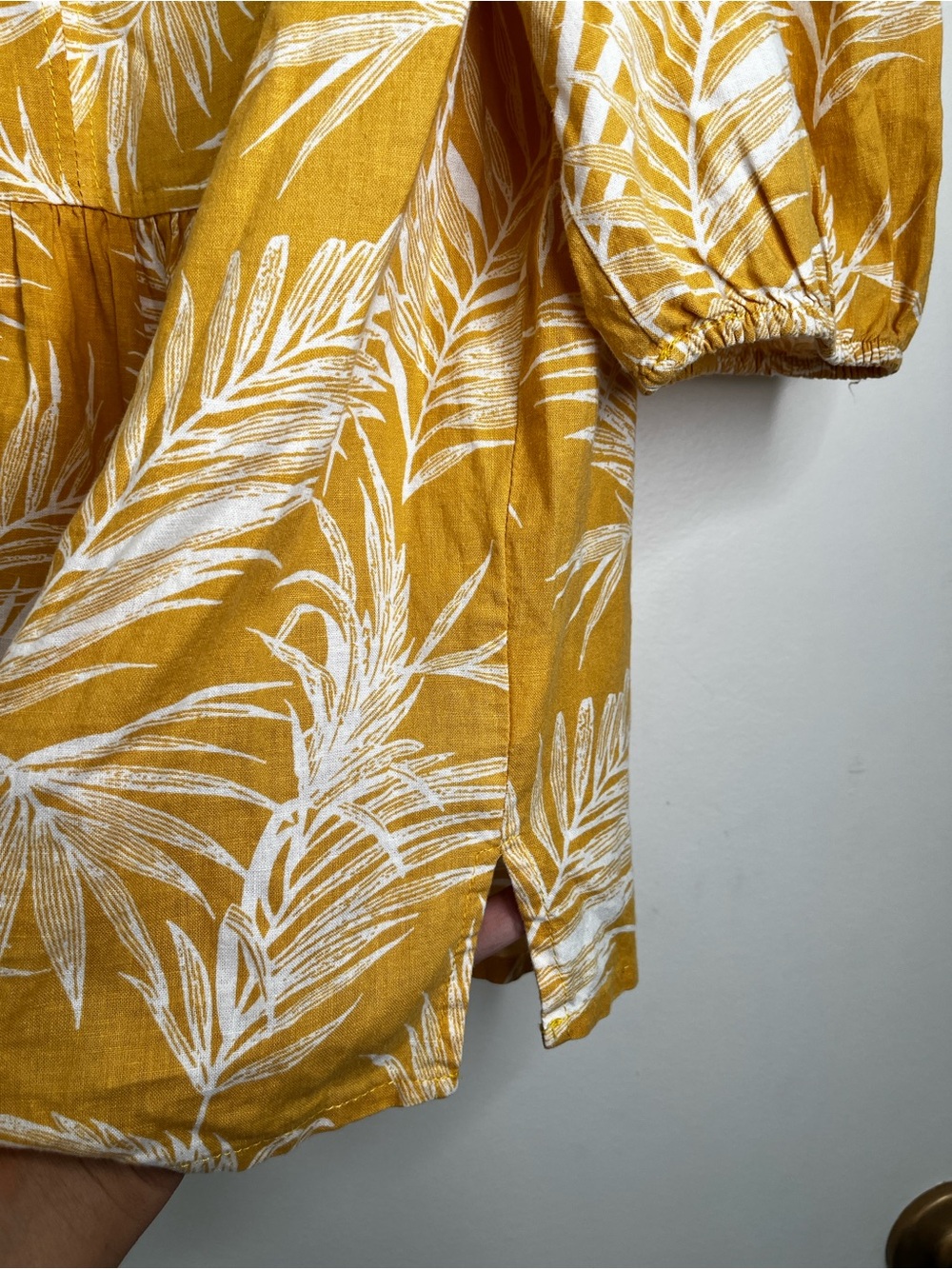Sigrid Olsen Mustard PalmPrint Puff Sleeve Top Linen Blend L Vacay Resort Fall - Picture 5 of 10